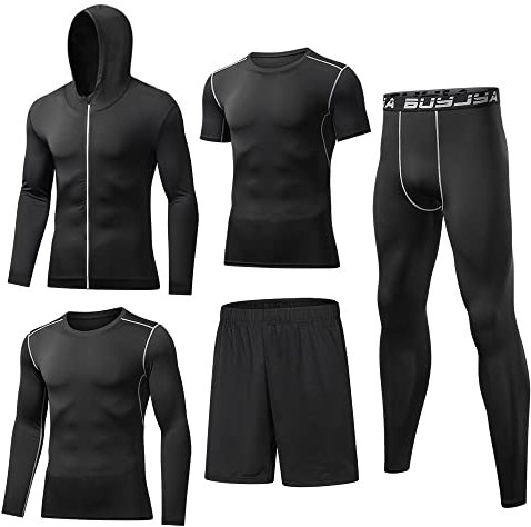 BUYJYA Vêtements de sport pour hommes Vêtements de compression Fitness Ensemble de 5 pièces Pantalons de compression de course Chemises Tops Veste à manches longues