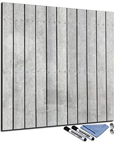 Glas-Magnettafel 70x70 cm Whiteboard Wand Beschreibbar Quadratisch Magnetisch Küche Office Büro mit Zubehör Wochenplaner Abwischbar Deko Memoboard Tafel Holz-Optik Grau
