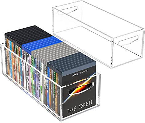 AITEE DVD/CD Storage Box 2 Packs, Acrylic Storage Container for Blu-Rays, Small Books/Booklets, Video Game Cases and Video Game Controllers, Storage Organizer for Countertop/Kitchen/Bathroom/Cabinet.