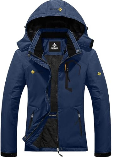 GEMYSE Damen Wasserdichte Berg-Skijacke Winddichte Skijacke Fleece Outdoor-Winterjacke mit Kapuze (Navy,M)