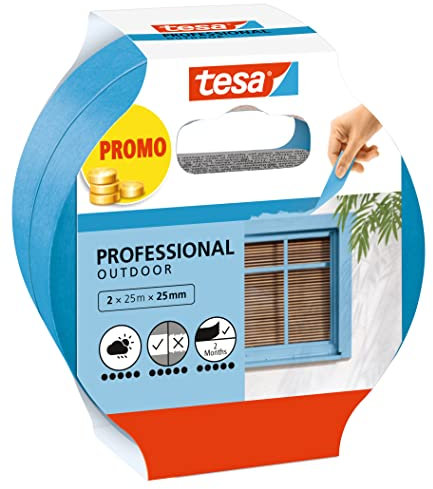 tesa Cinta de Carrocero EXTERIOR - Cinta de Pintor Fina - Enmascaramiento Altamente Preciso para Exteriores - Resistente a los rayos UV y al clima - 2x 25 m x 25 mm - Azul