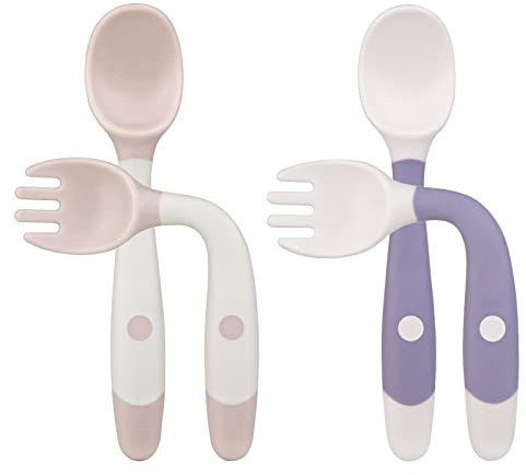 Vicloon Cuillères Bébé Silicone,4pcs Cuillere Bébé Souple Cuillère de Formation avec Fonction Bendable,Facile à Tenir, Parfait Auto-Alimentation Cuillères d'apprentissage (Violet+Beige)