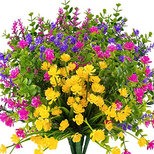 KLEMOO 12 Paquetes de Flores Artificiales para Exteriores, Resistentes a los Rayos UV, no se decoloran, arbustos de plástico sintético para jardín, Patio, Porche, Ventana, hogar, Boda, casa de Campo,