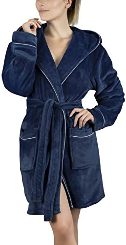 Gräfenstayn Bademantel Damen flauschig mit Kapuze - Kuschelfleece - Öko-Tex Standard 100 - Morgenmantel leicht & kurz - Größe (S, Blau)