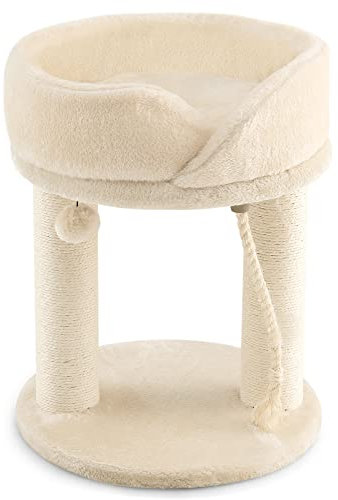 GOPLUS Arbre a Chat 40 x 40 x 53 CM en Bois Recouvert Peluche à 2 Niveaux, Arbre à Chat avec 2 Poteaux en Sisal, Nid pour Couchage Confortable Détachable, Boule Suspendue, Corde en Sisal, Beige