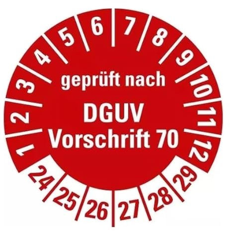 100 Stück – Mehrjahresprüfplakette „DGUV geprüft nach Vorschrift 70 | 24-29“ Etikett Folie Aufkleber, rot | Ø15-40mm Made in Germany, Größe: Ø30 mm