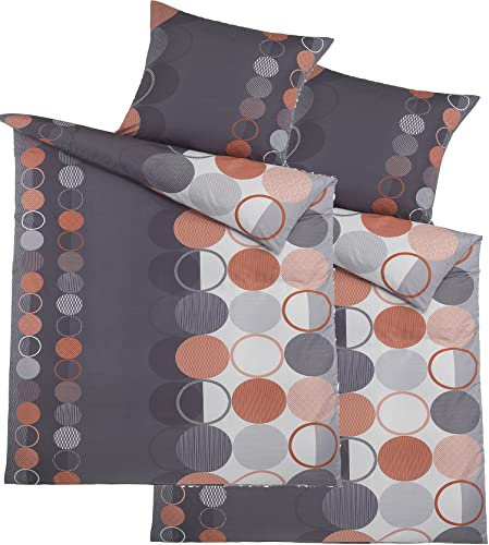 KH-Haushaltshandel 4-TLG. Seersucker Bettwäsche 2X 135x200 +80x80cm, grau, Terra-orange Kreise, bügelfrei, Microfaser(W400984)