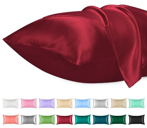 Lirex 2er Set Satin Kissenbezug 40x80cm, kissenbezüge, Weich wie Seiden Kissenbezug, Kopfkissenbezug 40x80cm Kissenhülle für Haar und Haut kommt,Oeko-TEX Zertifiziert, Weinrot