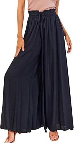 ASKSA Damen Breites Bein Hose Sommer Hohe Waist Plissee Hosen Elegante Einfarbig Leicht Hosenrock Sommerhose mit Tasche Freizeithose (Schwarz,XXL)
