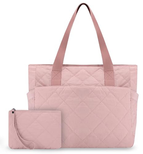 Kasgo Cabas Femme, Grand Poches Multiples Set de Sac Fourre Tout Matelassé Léger 15,6 Pouces Sac Ordinateur Femme Tote Bag Zippée avec Pochette pour Travail Voyage École Rose