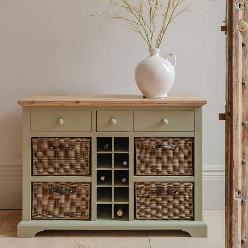 Florence Sideboard with 3 Drawers, 4 Storage Baskets, Wine Rack | W120 H85 D42 cm | Acacia Wood Top, Fully Assembled Kitchen Dining Furniture (sage green)
