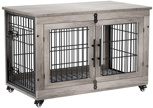 Buluri Dog Crate Furniture, Double Doors Wooden Dog Cage with Cushion & Wheels, Dog Kennel Indoor End Table for Large Dogs (Grey, 97.8 cm L x 64 cm W x 68 cm H)