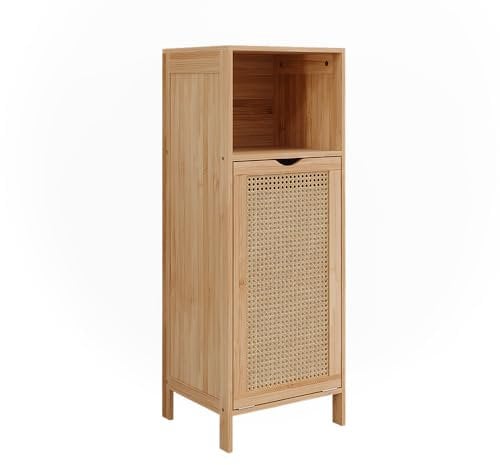 Vicco Badschrank Bambus Liora 36x98x33 cm - Wäscheschrank für die Schmutzwäsche, Offene und geschlossene Bereiche kombinieren Stauraum mit Übersicht