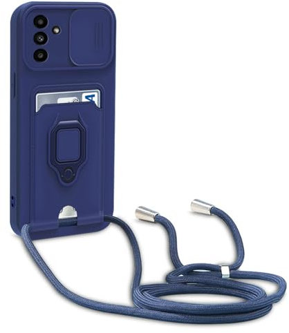 yanasuo Schiebe Kameraschutz Silikon Handykette Hülle kompatibel mit Samsung Galaxy A26 5G, Metall Ring Halter Handy Cover,Verstellbarer Halskette Handyhülle-Blau