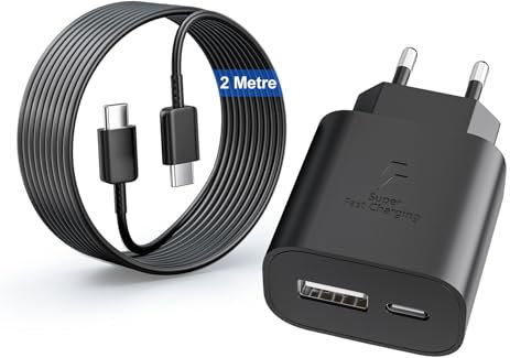 Chargeur pour Samsung Charge Rapide, 25W 2 Port Prise USB C&USB A Adaptateur Secteur pour Galaxy S25/S24 Ultra/S24 Plus/S23+/S25+/S23/S22/S21/S20 FE/S10 A56 A55 A36 A35 A16 A15 avec Câble USB-C 2M