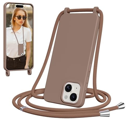 Jrkvniv Funda para iPhone 13 Mini con Cuerda, Suave TPU Silicona Case con Correa Colgante, Ajustable, Desmontable, Forro de Microfibra, Carcasa AntiChoque con Correa, Marrón