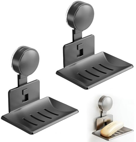 2 Pack Suction Cup Soap Dish Holder,Aluminum & ABS Tray for Shower、Kitchen | space aluminum & ABS tray for bathroom, shower & kitchen. Waterproof, rust-proof, easy to install & remove