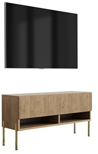 3E 3xE living.com TV-Schrank mit geriffelter Front, Eiche Craft, gerade goldene Beine, 100 × 32 × 52 cm