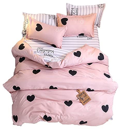 ED-Lumos Juego Sábanas de Cama Microfibra Juego de Funda de edredón Poliéster Cama 135-150cm Funda nórdica 240x220cm Sábana encimera 230x250cm Funda Almohada 48x74cm Estampado Corazón