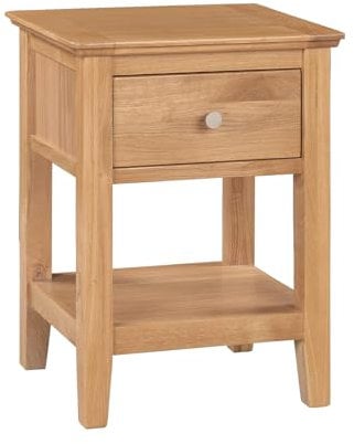 Hallowood Furniture Hereford Oak Lamp Table with Drawer and Lower Shelf, Wooden Side Table, Nightstand, Light Oak Plant Stand, Fully Assembled Bedside, Hallway and Living Room Furniture
