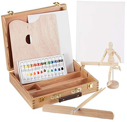 Relaxdays, 22 Piezas Maletín Pinturas Acrílicas con Maniquí Articulado, Paleta, Pinceles, Caballete y Lienzo, Madera, 30,5 x 32 x 7,5 cm