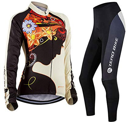 Damen Atmungsaktiv Schnelltrocknend Fahrradtrikot Set, Outdoor Lange Ärmel Radsport-Shirt + 3D Gel Gepolsterte Fahrradhose, M, 001