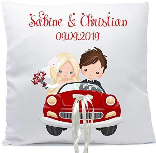 Kissen glänzend Geldgeschenk Hochzeit mit Namen und Hochzeitsdatum Hochzeitsauto Paar Widmung 40x40 cm inkl. Füllung, Hochzeitskissen Schleife:mit Schleife