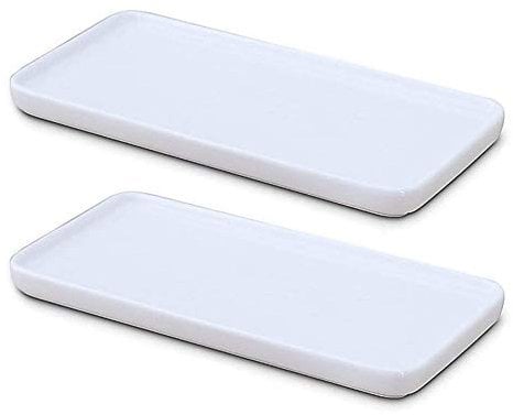 Ceramic Vanity Tray White Rectangle, Bathtub Tray Bathroom Organizer, Cosmetics Holder for Tissue Candle Towel Plant Jewelry Ring Dish Dresser Perfume Shampoo (Small, 2 Pack)