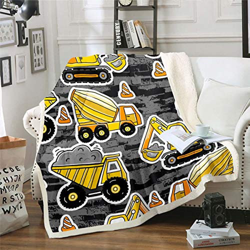 Homewish Jungen Bagger Throw Decke 150×200, Traktoren Sherpa Decke Ausrüstung LKW Plüsch Bettdecke für Kinder Mädchen Kinder, Baufahrzeuge Fleece Fuzzy Decke, grau gelb