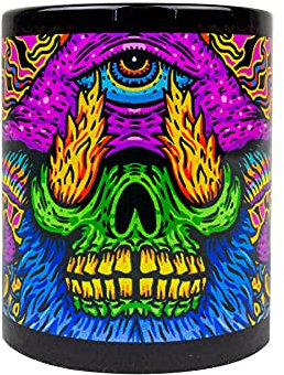 PSYWORK Fluo Cup Neon Motiv Tasse Kaffeetasse Mushroom Earth Troll Bedruckt UV-aktiv