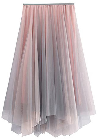 FEOYA Damen Tüllrock Lang Tanzen Faltenrock Unregelmäßiges Design Midirock Elastische Taille Ballettrock - Rosa