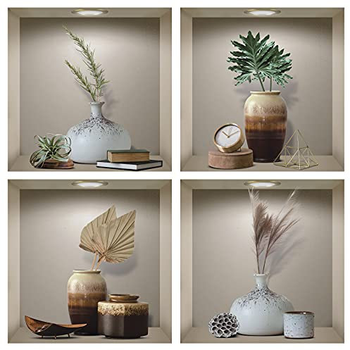 ANHUIB 4 Pcs Autocollants Muraux 3D Plante,Sticker Mural de Plante,Autocollant Mural de D'art Vase,Stickers Muraux Feuille Verte,DIY Amovibles 3D Vases Autocollants de Salon Chambre à Coucher Décor