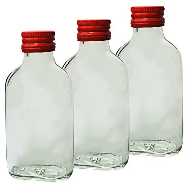 DIAH DO IT AT HOME 10 x Empty Glass Pocket Flask Bottles 100 ml with Red Screw Caps - for Filling it Yourself Gin Bottles,