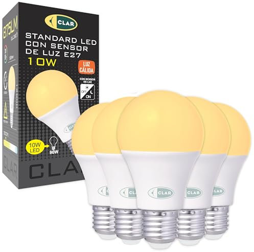 CLAR - Ampoule Crepusculaire 10W, Ampoules Automatiques, Interrupteur Crépusculaire, Ampoule Automatique a Detecteur Crépusculaire, Blanc Chaud (Pack 5)