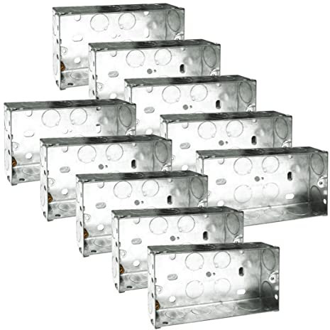 10x Pack 2 Gang Double 35mm Metal Back Box Electrical Socket Switch Recessed Wall Pattress 2G Flush Mount BS EN 60670 5733 UK Standard Brass Earth Screw Galvanised Steel - 10 Pack Multi-Buy