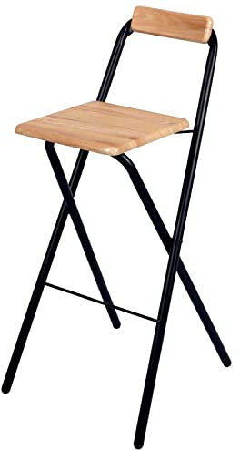 TIENDA EURASIA® Taburete Alto de Cocina - Taburete Plegable de Metal con Asiento y Respaldo de Madera - Incluye Reposapies para Mayor Confort - Taburete Bar Plegable (Vintage)