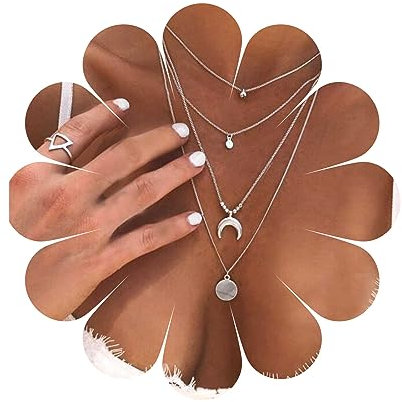 Yheakne Boho Geschichtet Münze Halskette Choker Silber Scheibe Anhänger Halskette Multi Schichtung Mondsichel Halskette Langen Kreis Halskette Kette Schmuck Für Frauen Und Mädchen (Silber)