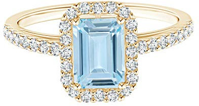 8X6MM Smaragdschliff Aquamarin Edelstein 925 Sterling Silber Solitär mit Akzenten Ring (Gold-Vermeil, 51)