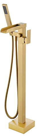 Wintap Freestanding Bathtub Faucet,Floor Mount Tub Filler High Flow Waterfall Bath Filler,Brushed Gold Tub Faucets with Hand Shower