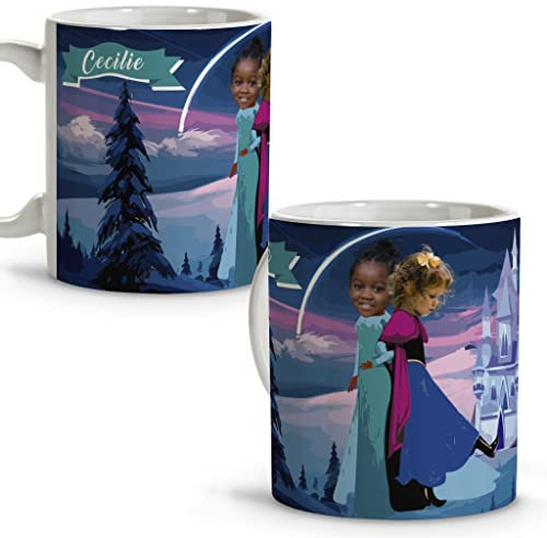 Disney-Tasse. Personalisiert mit Foto und Name. Becher aus Keramik. 330 ml. Verschiedene Designs und Innenfarben. Originelle Geschenke. ELSA UND ANA