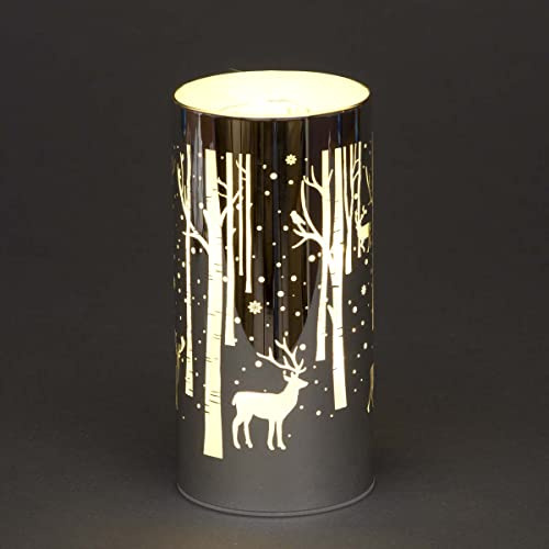 SHATCHI 18cm Christmas Decorated Vase Table Lamp Etched Glass Tube Deer Scene Silver Cylinder LED Fairy Lights Battery Operated