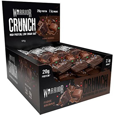 Warrior Crunch - High Protein Bars - 20g Protein Each Bar - Low Carb, Low Sugar Snack - 12 Pack x 64g (Fudge Brownie)