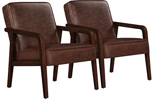Yaheetech Loungesessel 2er Set Sessel Vintage Relaxsessel Kunstleder mit Massivholzbeinen Einzelsofa für Wohnzimmer/Schlafzimmer/Empfangsbereich Dunkelbraun