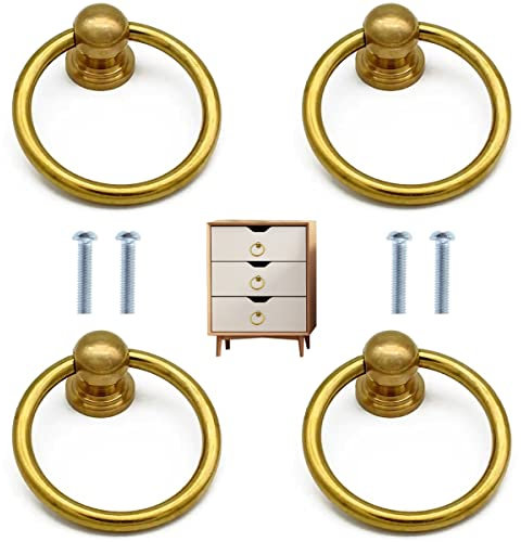 FIBOUND 4 Stück Ring Möbelknöpfe Griffe Metall Schubladengriffe Retro Stil Ring Ziehen Griffe, für Möbel Schrank Kommode Tür möbelknauf Schubladen Ring-Ösen Griffe (Gold).