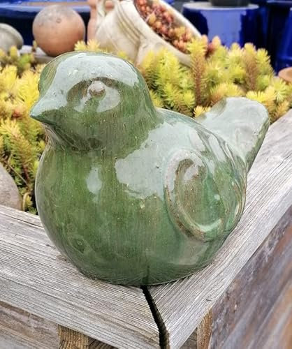 B-Ware ! Vogel grün glasiert aus frostfesten Steinzeug ca. 24 cm lang Figur Tier Spatz Taube Deko Garten