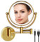 RECKODOR Kosmetikspiegel Wandmontage,Messing Schminkspiegel mit Beleuchtung 1X/5X Vergrößerung,Dimmbarer Rasierspiegel Rund,USB Wiederaufladbar,Lichtspeicherfunktion,360°Drehbar,Spiegel Hotel-Gold