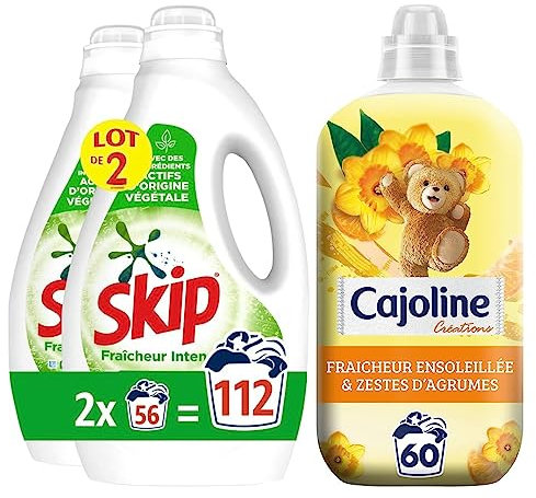 SKIP Lessive liquide Fraicheur Intense x112,Résultat Idéal sur les Taches Tenaces,Format Familial 112 lavages,(Lot de 2X56 Lavages)+Cajoline Créations Adoucissant Fraîcheur-la Bouteille de 60 Lavages