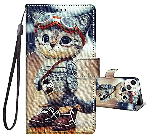 JRIANY Wallet Flip Case for iPhone 14 with Card Holder, Cat C | PU Leather Phone Case with Card Slots, Cute Pattern Animal Design, Shockproof Protective Cover, Wrist Strap, Magnetic Closure