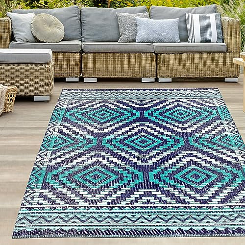 Teppich-Traum Outdoor Teppich Kunststoff wetterfest langlebig Vorzelt Camping Balkon Garten Terrasse Picknick türkis/blau 150 x 220 cm