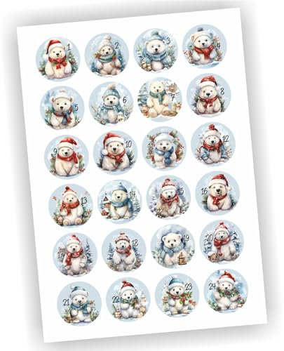24 Aufkleber Adventskalender Zahlen Fest Weihnachten Aufkleber Sticker DIY Eis Schnee Eisbär Bär #3